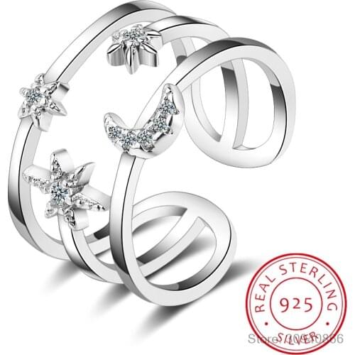 100% Real Pure 925 Sterling Silver Crystal Moon Star Double Layer Rings for Women Ladies Statement Jewelry Wedding Finger Ring