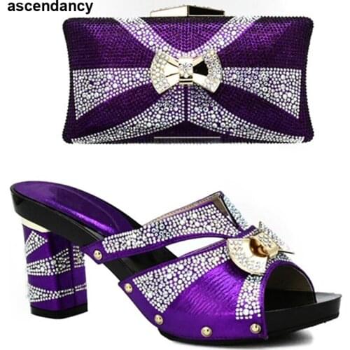 Purple Color Italian Shoes with Matching Bags Set Decorated with Rhinestone Matching Shoes and Bag Set In Heels Nigerian Shoes