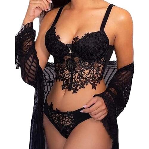 2 Piece Sexy Lace Lingerie Set For Women Floral Lace Bralette Corset Bra And Panty Sets Underwear Bielizna Erotyczna Black Sets