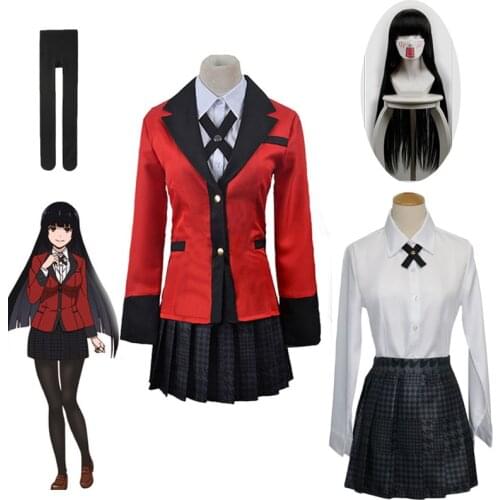 Anime Kakegurui Cosplay Jabami Yumeko Costumes Full Set Japan School Girls Uniform Jacket+Shirt+Skirt+Stockings+Tie Wig C88132AD