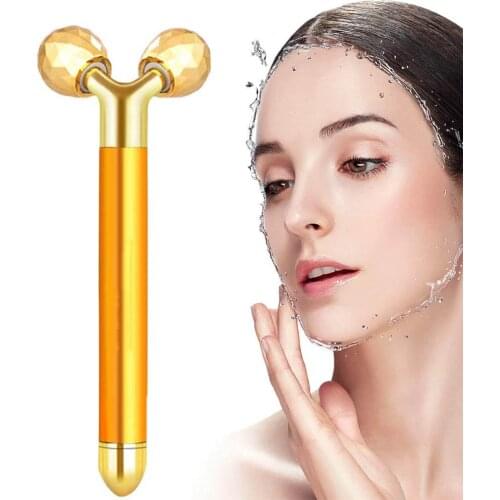 Beauty Bar 24k Golden Pulse Facial Face Massager Massage Stick Electric 3D Roller and T-Shape Face Roller Massage Hammer Kit