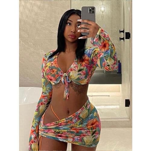 Peachtan Long sleeves bikini set Print swimwear female 2021 Skirts 3 pieces swimsuit womens swimming suit Print bathing suit
