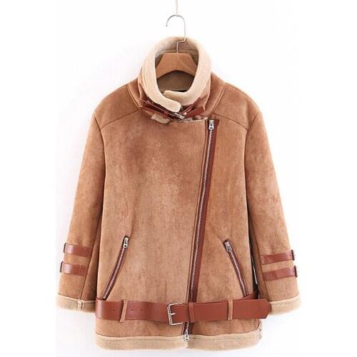 New winter hot fur inside jacket with belt zipper top coat women motocycle style