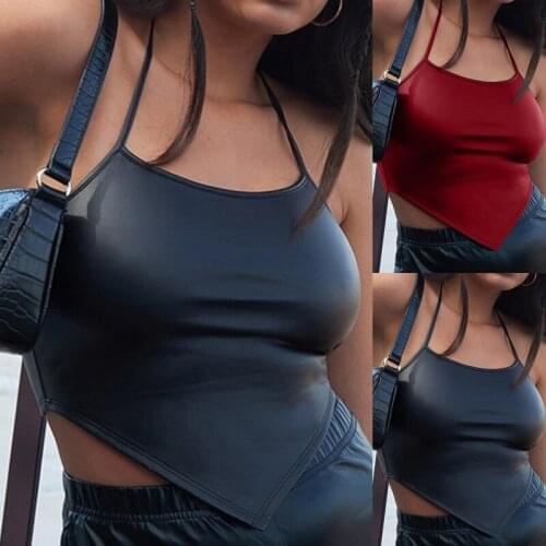 Womens Summer Halter Camis PU Leather Backless Sexy Tank Tops Sleeveless Solid Color Irregular Female Cami Crop Blouses