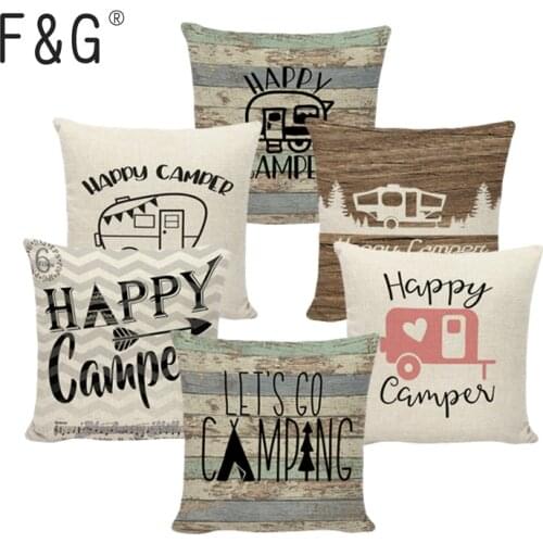 Happy Camping Cushion Cover 45 cm Letters RV Printing Linen Pillow Cases Car Seat Home Room Couch Yard Rocking Chair Decoration