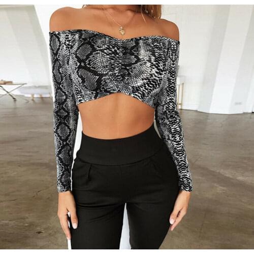 Newest Sexy Ladies Blouse Off Shoulder Cropped Tank Tops Autumn Women Sexy Short Snake Skin Print Tops 2020 Hot
