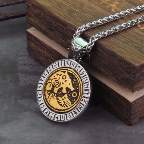 Rotating Wolf and tree of life Viking Rune Necklace with Stainless Steel Chain and pendant As Men Gift with wooden box