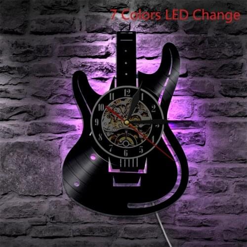 Rock Guitar Wall Clock Acoustic Guitar Vinyl Record Wall Clock with 7 Color LED Color Change Musical Instrument Wall Art Decor
