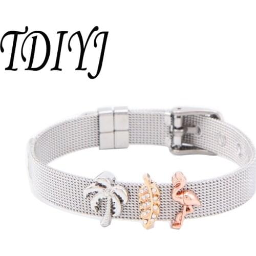 TDIYJ Travel KEEPER Stainless Steel Mesh Bracelet with Palm Tree Flamingo Summer Keeper Charms 1Set