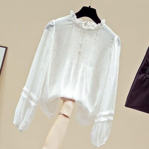 Long Sleeve Dot Chiffon White Blouse Shirt Women Tops Blusa Blouse Women Blusas Mujer De Moda 2021 Womens Tops And Blouses D900