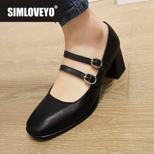 SIMLOVEYO New 2021 Women Pumps Square Toe 5.5cm Block Heel Mary Jane Buckle Stylish Concise Big Size 34-48 Casual Date A3793