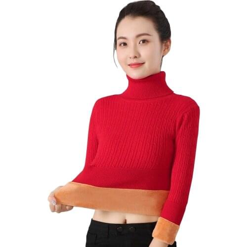 2021 Winter Plus Thick Velvet Knit Sweater Velvet Lining Warm Pullover High-necked Sweater female Thick Turtleneck Sweater