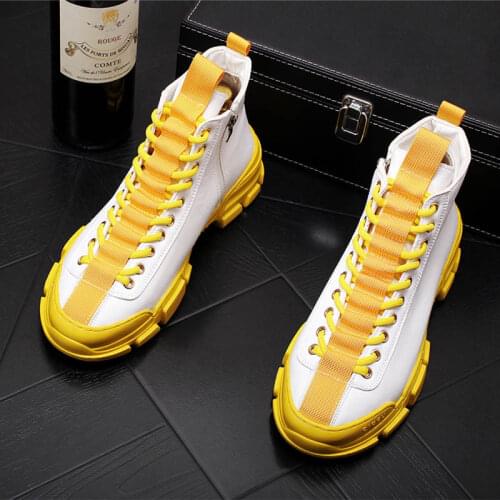 2021 New Top Quality Fashion Mens Yellow With White Casual Round Toe Platform Shoes Male Trending Leisure High Tops Shoes
