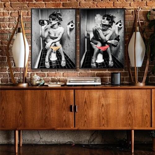 Vintage Poster Smoking Woman on The Toilet Canvas Painting Print Woman Drinking Print Retro Wall Art for Toilet Decoration Club