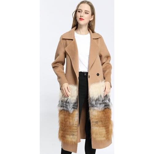New Apparel Ladies Korean Cashmere Fur Coat Hand Made Long Wool Jacket Street-Style Fox Fur Trim