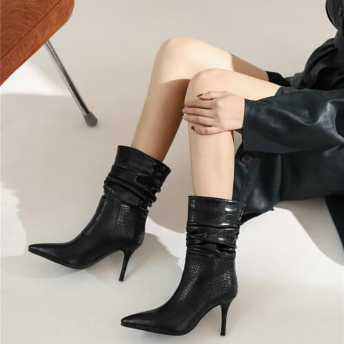 Ladies New Motorcydes Women Boots Autumn Folds Microfiber Boots Winter Ladies Street Fashion Sexy Stiletto Loose Womens Shoes