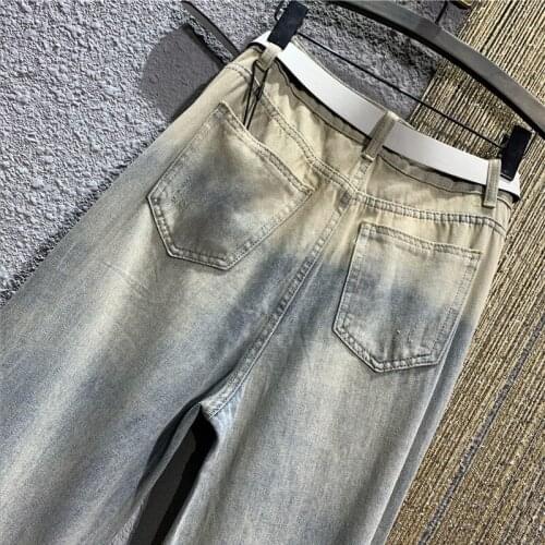 Womens Streetwear Hole Ripped Jeans Spring Summer High Waist Straight Wide Leg Trousers Fashion Retro Diamonds Tassel Pants