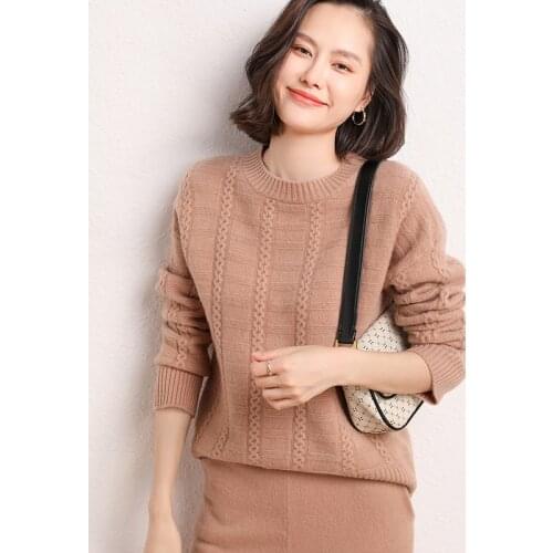 Womens pullover 2021 autumn/winter new casual solid color 100% wool sweater round neck cashmere sweater thick ladies top