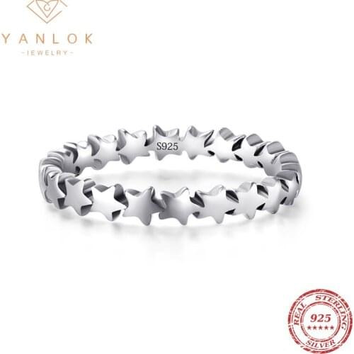 YANLOK 100% 925 Sterling Silver Simple Stackable Full Stars Finger Ring Fashion Dazzling Jewelry For Women Festivals Gifts Anel