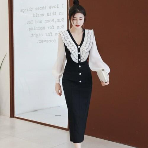 Ladies Autumn Winter Dresses New Arrival 2020 Long Sleeve Ruffle Singer Button Wrap Midi Bodycon Dress Woman Black Dress Fall