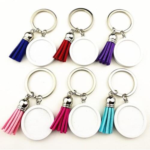 24pcs white ,red brown,dark brown ,log Round 25mm Wood Cabochon Stainless Steel Keychain Blank Wooden pendant with tassels