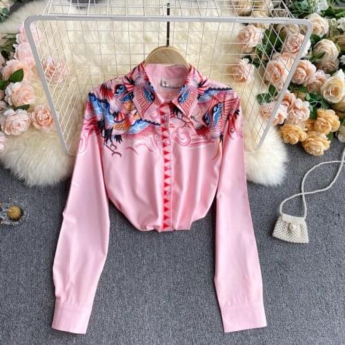 Womens Spring Autumn Runway Fashion Phoenix Print Pink Shirt Female Vintage High Waist Casual Blouse Tees Tops TB1608