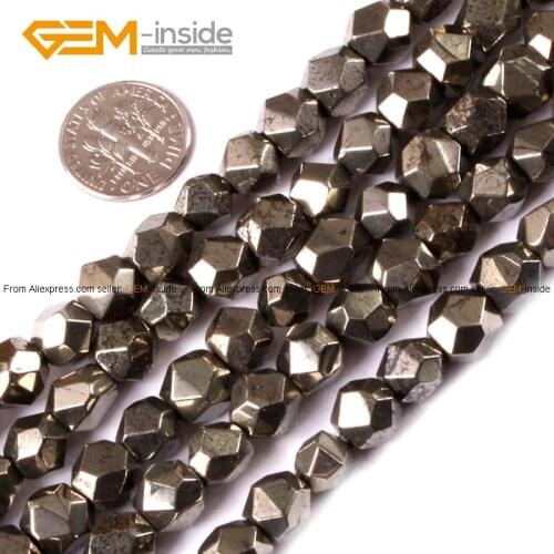 Gem-inside 6-10mm Natural Cambay Faceted Gray Pyrite Stone Beads For Jewelry Making Bracelet Necklace 15inch DIY Beads