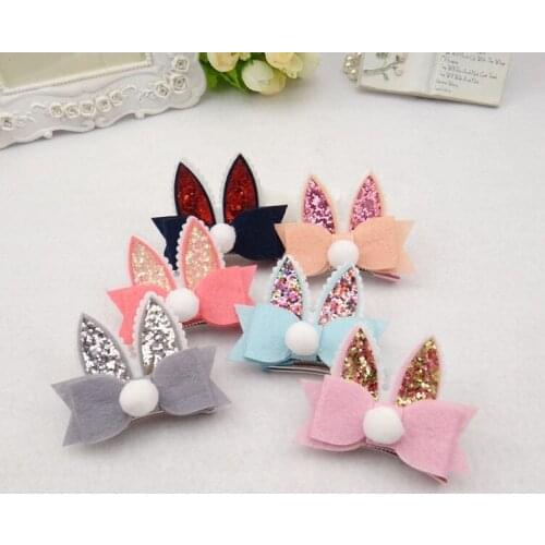 Boutique 30pcs/6C Fashion Cute Glitter Rabbit Ears Hairpins Solid Kawaii Felt Pom Pom Bowknot Hair Clips Headwear Accessories