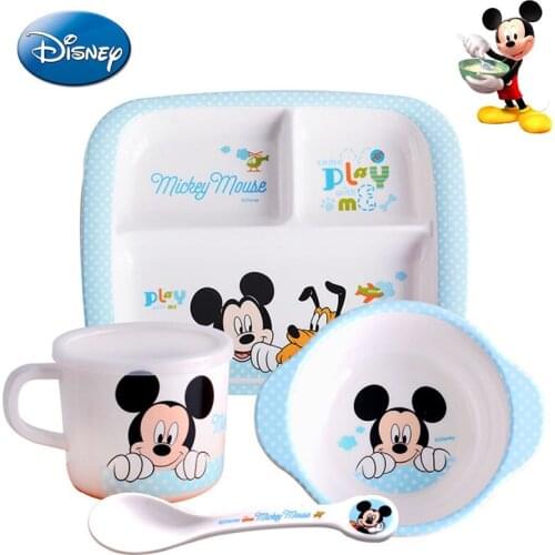 Genuine Disney Mickey Cartoon 3/4pcs Baby Tableware Set Childrens Dishes Kids Dinner Platos Feeding Plate Training Bowl Spoon