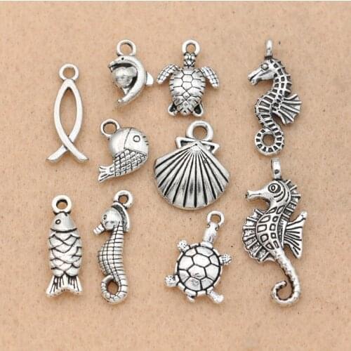 Mixed Tibetan Silver Plated Ocean Dolphin Hippocampus Penguin Shell Charms Pendant Jewelry Making Diy Charm Handmade Crafts