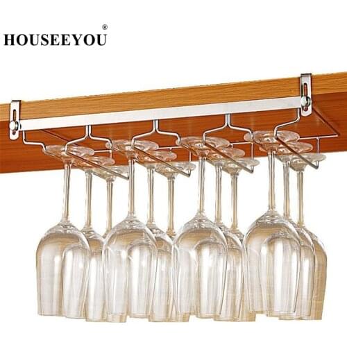 Stainless Steel Nail Free Cabinet Hanging Red Wine Glass Rack Cup Mug Goblet Holder Shelf for Home Bar Kitchen Storage Organizer