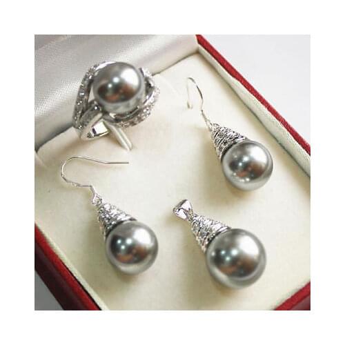 Prett Lovely Womens Wedding Set AAA 12mm Grey Shell Pearl Pendant Necklace Earrings Ring Set>AAA GP Bridal wid brinco