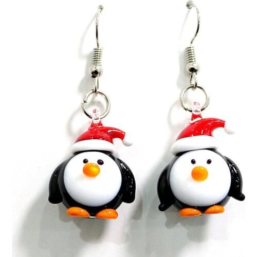 Cute Handmade Glass Penguin Craft Earrings For Women Xmas Charm Eardrop Cartoon Animals Design Girls Fashion Jewelry Accessories