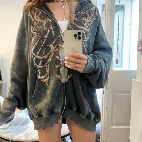 Punk Vintage Oversized Hoodie E-girl Gothic Grunge Skull Print Zip-up Long Sleeve Sweatshirt Jacket Women Men Harajuku Clothes