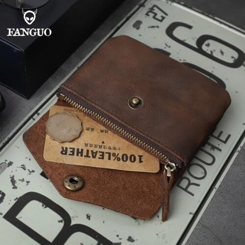 Vintage Mens Wallet Genuine Leather Card Holder Coin Purse With Zipper Pocket Handmade Portable Short Money Pouch