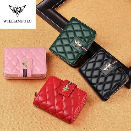 WilliamPolo Full-Grain leather Short Wallet Women Fashion casual Credit Card Holder Coin Purses Business sheepskin
