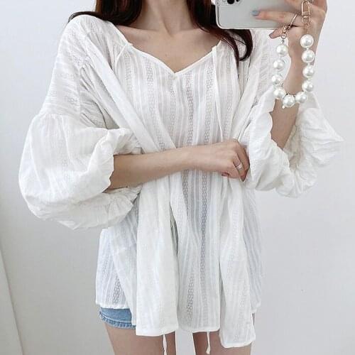 ZCSMLL Korean summer fashion women white blouse V-neck bow tie lace jacquard micro-transparent loose wild lantern sleeve shirt