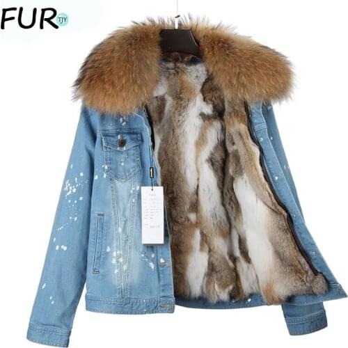 Brand 2020 new autumn winter jacket coat women Holes Denim jacket real large raccoon fur collar real rabbit fur thick warm Liner