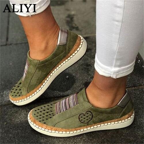 Women Loafers 2021 Spring Autumn Vintage Hollow Out Heart Print Elastic Band Ladies Casual Shoes Running Walking Slip On Flats