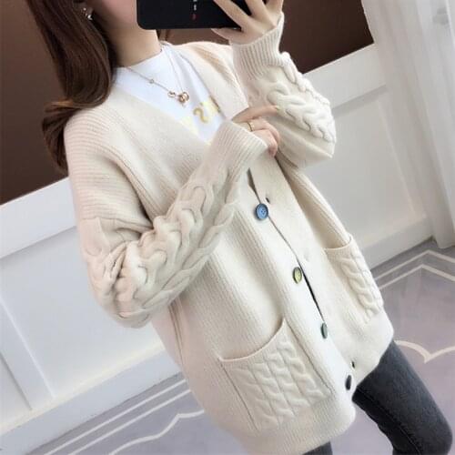 Women knitted Sweater 2020 Autumn Winter Korean V-Neck Single Breasted Long sleeve Loose Sweater Casual Ladies Tops Tide H275