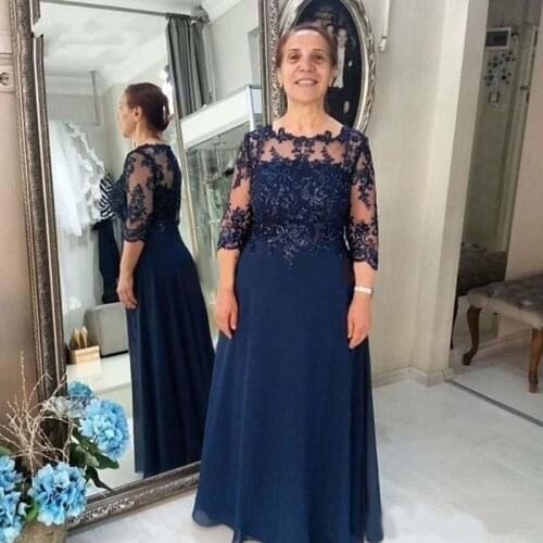 2020 Dark Navy Mother of The Bride Dresses 3/4 Long Sleeve Appliques Chiffon Plus Size Women Wedding Guest Gowns Maid of Honor D