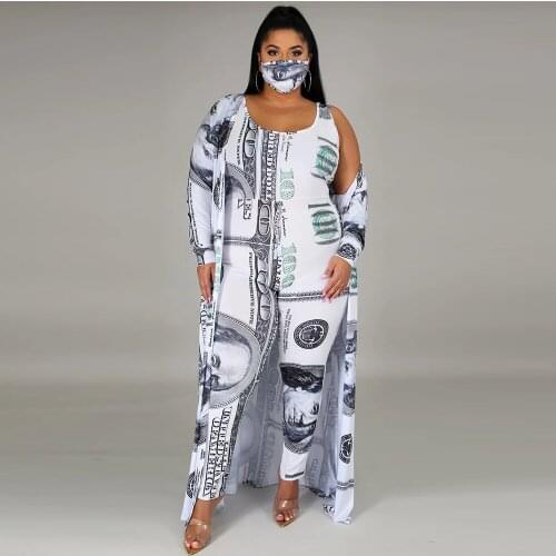 ZJFZML ZZ Women Clothing 2 Piece Set Plus Size Money Dollar Print Long Ponchos+high Waist Skinny Jumpsuit Dropshipping Wholesale