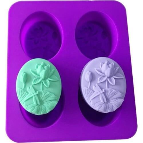 3D 4-cavity Dragonfly Lotus Pattern Handmade Soap Mold Fondant Cake Silicone Mold DIY Chocolate Jelly Mold Bathroom Supplies