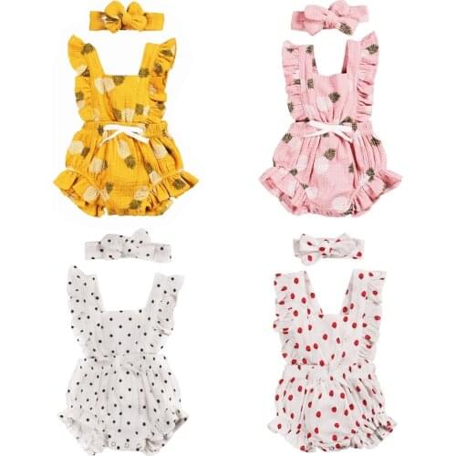 4 Colors 0-24M Newly Summer Kids Baby Girls Boys Romper Pineapple Polka Print Ruffles Sleeveless Jumpsuits Headband