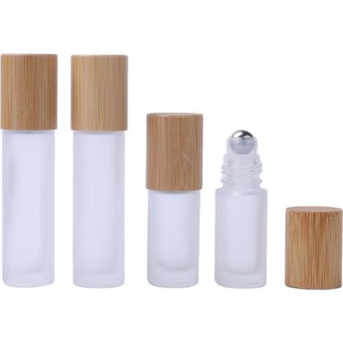 5ML 10ML Bamboo Wood Lid Matte Frost Glass Cosmetic Essential Oil Packaging Steel Bead Roll On Bottles Vials