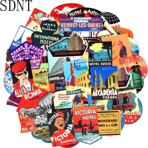 55 PCS Retro Hotel Style Stickers Travel Graffiti Cool JDM Waterproof Stickers to DIY Suitcase Laptop Bicycle Guitar Skateboard