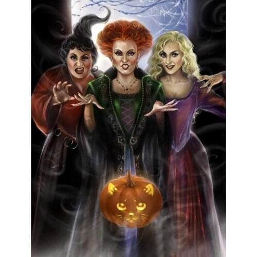 5D DIY Halloween Diamond Painting Kits for Adults"Three Pumpkin Witches" Handmade Cross Stitch Embroidery Round Rhinestone Mosai