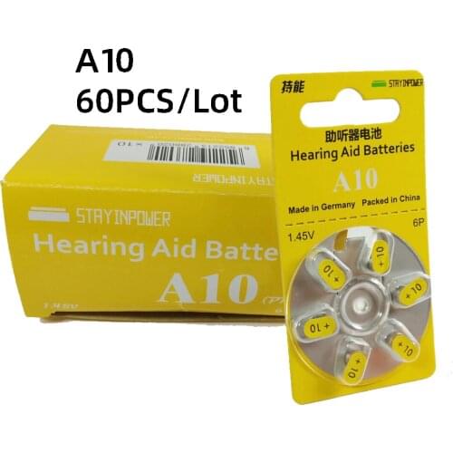60 PCS Stay in Power Zinc Air Hearing Aid Batteries A10 10A 10 P10 PR70 Hearing Aid Battery A10 for Hearing Aids