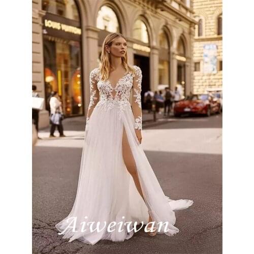 A-Line Wedding Dresses Plunging Neck Sweep / Brush Train Lace Tulle Long Sleeve Country Plus Size with Lace Embroidery Split2021