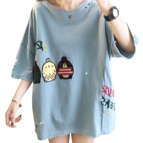 Summer Fashion Women T Shirt Embroidery Letter Holes Blue Lady Tees Loose Cartoons Cute Three Little Rabbit Casual Tops Female